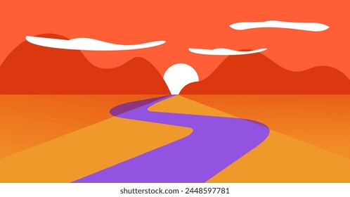 Sonnenuntergang auf Wüste Fluss Wasserlandschaft Vektorgrafik Moderne einfache flache Cartoon-Illustration, ruhige Tal winkende Pfad auf Sonnenaufgang und Hügel, Berge auf Horizont Szene Hintergrund, westliche Sonnenaufgang Bild