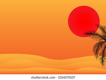 Sunset on the desert. Sunset sky with palm tree on the desert.  - Illustration
Sunset, High temperatures, Palm Tree, Sun, Sand