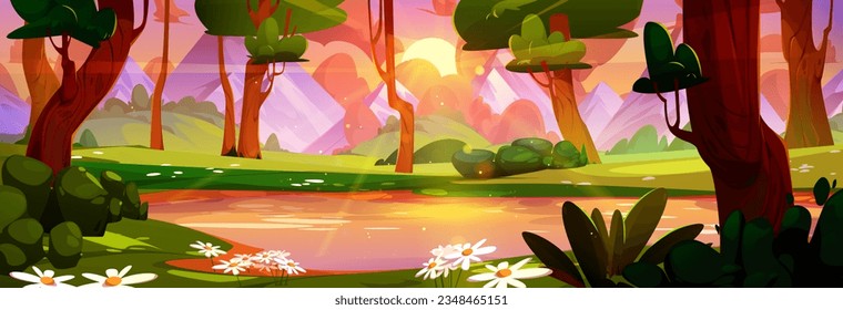 Atardecer sobre el lago forestal con fondo de dibujos animados con vistas a la montaña. Hermoso cielo rosa y naranja con rayo de sol cayendo en la orilla del río con flor de manzanilla y entorno verde de hierba natural.