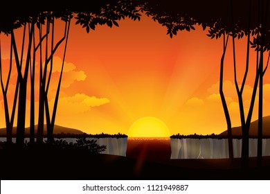 Sunset on the horizon over the forest trees with waterfall landscape. Vector illustration 