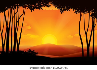 Sunset on the horizon over the mountain landscape. Vector illustration