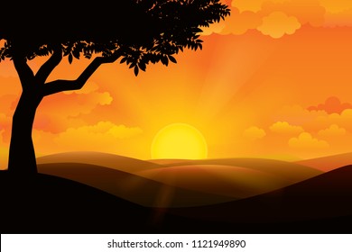 Sunset on the horizon over the mountain landscape. Vector illustration