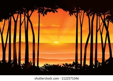 Sunset on the horizon over the sea landscape. Vector illustration