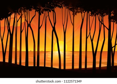 Sunset on the horizon over the sea landscape. Vector illustration