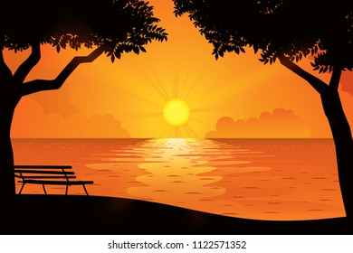 Sunset on the horizon over the sea landscape. Vector illustration