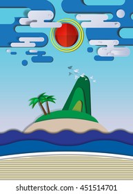 Sunset on the island and the beach paper cut style vector illustration
