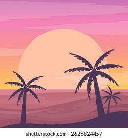 Sunset on the island with the ocean, silhouettes of palm trees and the shore. Tourism. Banner.