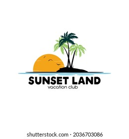 sunset on island . palm and bird flying illustration logo design