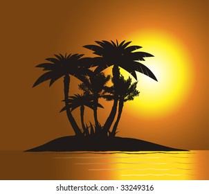 Sunset on the island with palm's silhouette