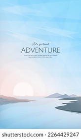 Sunset on the lake. A gentle river bank and silhouettes of mountains in the distance. Morning twilight, clear sky. Vector illustration for banner, invitation, card, cover.