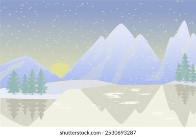 Sunset on lake landscape winter snow falls with pines and mountain. 