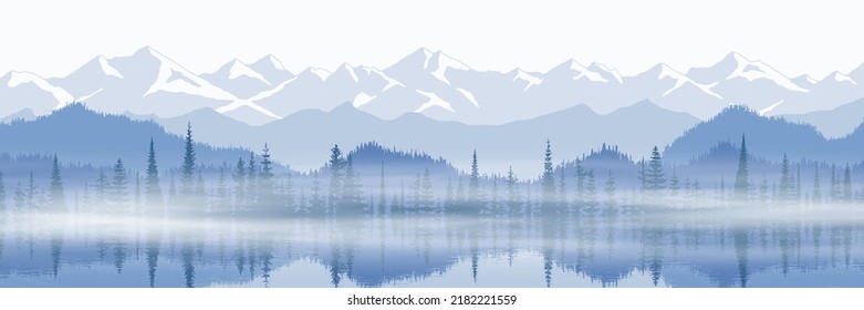 Sunset on the lake, picturesque reflection. Mountain landscape, panoramic view of ridges and forest in fog, vector illustration.