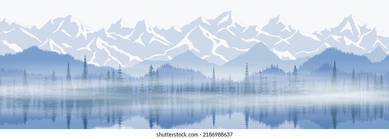 Sunset on the lake, picturesque reflection. Mountain landscape, panoramic view of ridges and forest in fog, vector illustration.