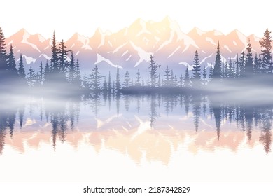 Sunset on the lake, picturesque reflection. Mountain landscape, panoramic view of ridges and forest in fog, vector illustration.