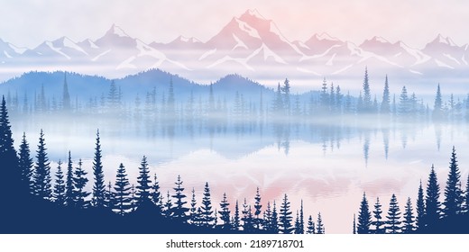 Atardecer en el lago, pintoresco reflejo. Paisaje montañoso, vista de las cordilleras y bosque en niebla, ilustración vectorial.