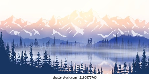 Sunset on the lake, picturesque reflection. Mountain landscape, view of ridges and forest in fog, vector illustration.