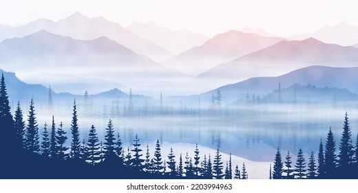 Sunset on the lake, picturesque reflection. Mountain landscape, view of ridges and forest in fog, vector illustration.