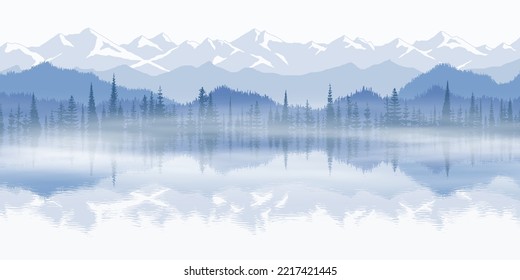 Sunset on the lake, picturesque reflection. Mountain landscape, panoramic view of ridges and forest in fog, vector illustration.