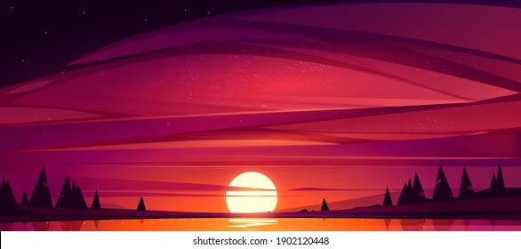 Sunset on lake, red sky with sun going down over the pond surrounded with trees. Beautiful nature scenic landscape background, evening heaven view with shining Sol above water. Cartoon vector illustration