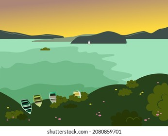 Sunset on the lake in summer, boats are left near the shore, a yacht sails in the distance against the background of mountains. Landscape. Vector illustration.