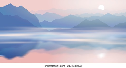 Sunset on the lake, the sun sets behind the mountain range, picturesque reflection