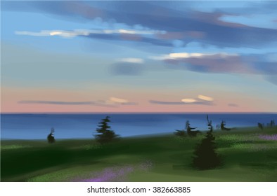 Sunset on a lake, vector illustration