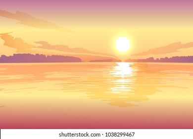 Sunset on the lake, vector landscape background.