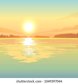 Sunset On The Lake, Vector Landscape Background.