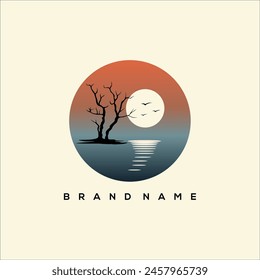 sunset on the lake with a view of dry trees logo vector