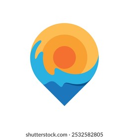 Puesta de sol en la ubicación Icono de playa Diseño Logo con pines y Elementos de sol Idea gráfica 