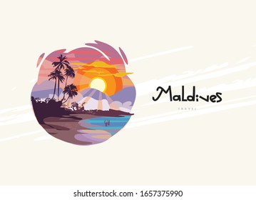 Sunset on Maldives island. Paradise sunset landscape. Palm tress on tropical coast. Exotic circle icon for summer vacation holiday and travel concept. Poster, postcard, calendar. 