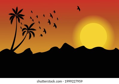Sunset on the mountain, colorful view of the mountain with sky and clouds with birds, view of the sun on the mountain.