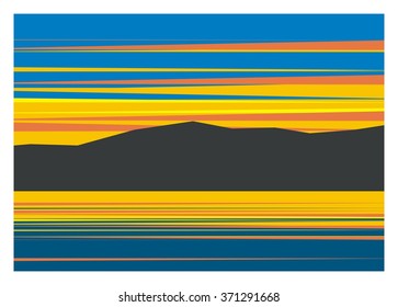 sunset on the mountain and lake, simple illustration