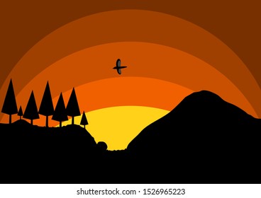 Sunset on mountain, trees and rock silhouette, orange background colour, flying bird silhouette 