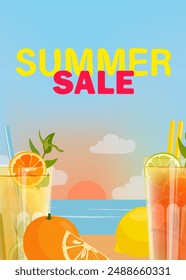 Sunset on the ocean with beach and cocktails. Summer sale bright card.