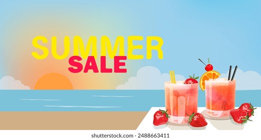 Sunset on the ocean with beach and cocktails. Summer sale bright background.