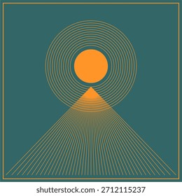 Puesta de sol en el océano. El emblema está en el estilo Art Deco