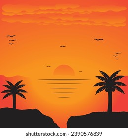 Sunset on the ocean, nature landscape background, orange clouds flying in the sky to sunset on the water surface. Twilight landscape cartoon vector illustration