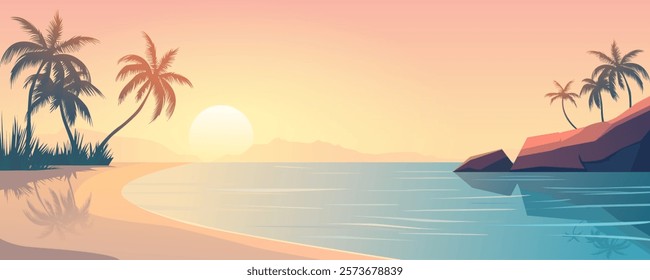 Sunset on a paradise beach. Beautiful sandy beach with palm trees and sunrise. A stunning holiday on a sunny island paradise. Palm trees at sunset. Summer holidays or vacation.