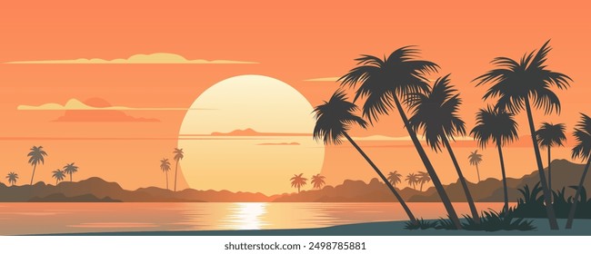 Sunset on a paradise beach. Evening sunset of a huge sun on a beautiful tropical ocean beach. Rest and relaxation concept. Warm evening on the sea sandy beach.
