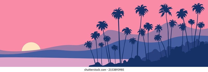 sunset on the protical beach palm trees mountains ocean beautiful summer landscape vector illustration