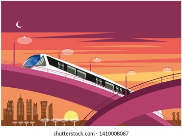 Sunset on a Qatar skyline with modern railway track system and road system. Editable Clip Art.