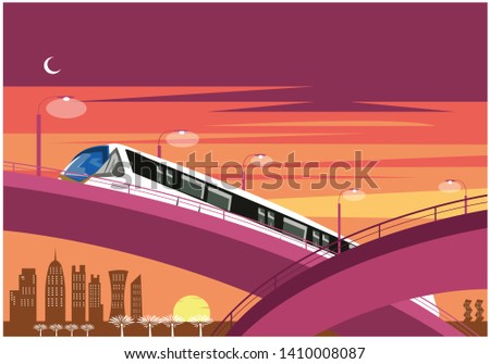 Sunset on a Qatar skyline with modern railway track system and road system. Editable Clip Art.