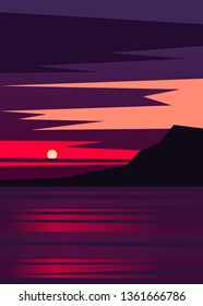 sunset on the red-purple sky over the lilac ocean