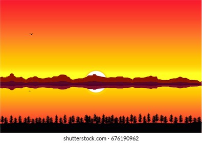 Sunset on the river and mountains. Vector illustration