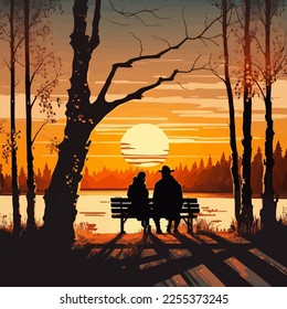 sunset on the river, the silhouette of a couple sitting on a bench, a landscape tree, twilight time. romantic moment.