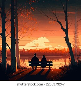 sunset on the river, the silhouette of a couple sitting on a bench, a landscape tree, twilight time. romantic moment.