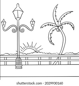 Atardecer en la playa de mar Vacaciones de verano en el libro blanco de Colores para niños ilustración vectorial