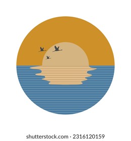 Sunset on the sea circle colored icon. Sea sunset birds on yellow blue background. Vector illustration.