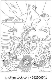 Sunset on the sea with the Dolphin, sailboat, shells, pearl and birds. Coloring